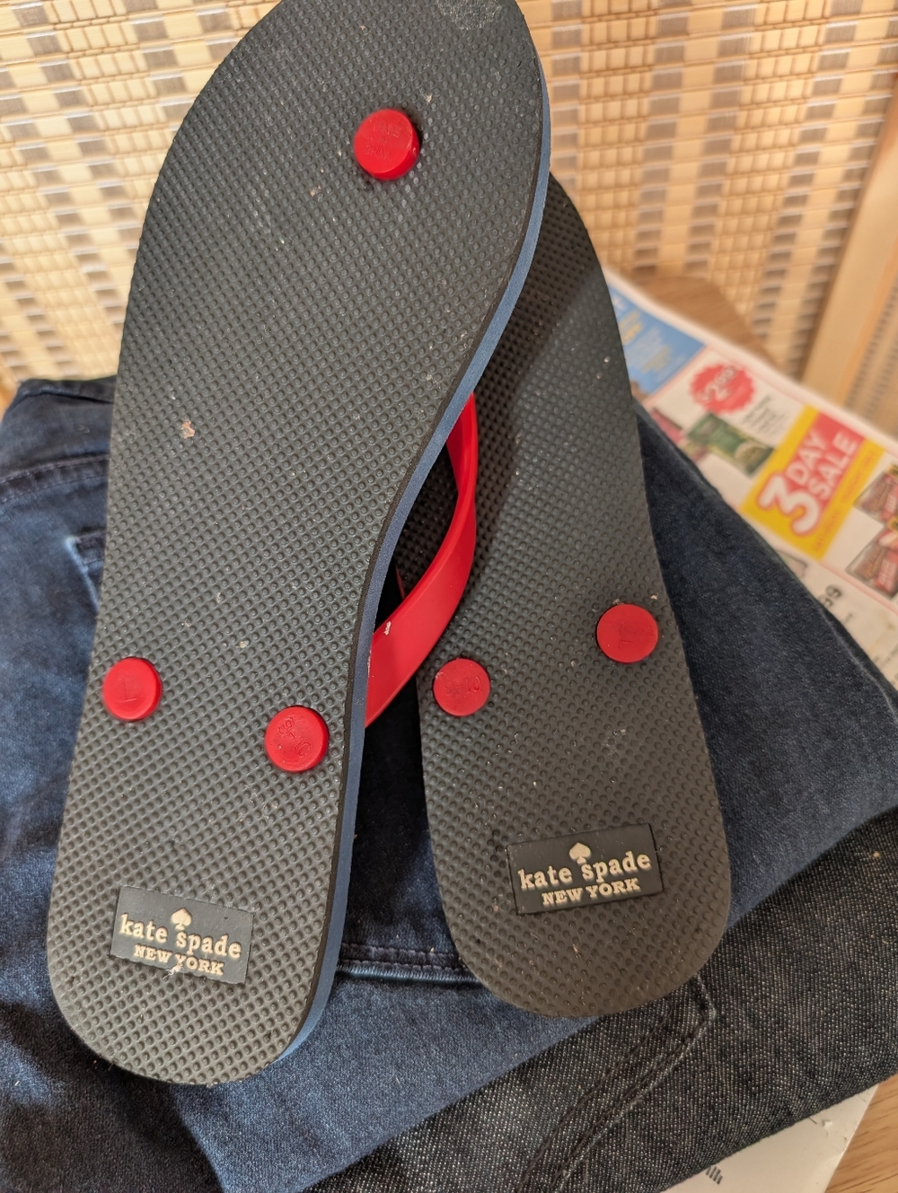 kate spade Navy Floral Flip Flops with Red Straps and Pink Accents - Picture 6 of 6